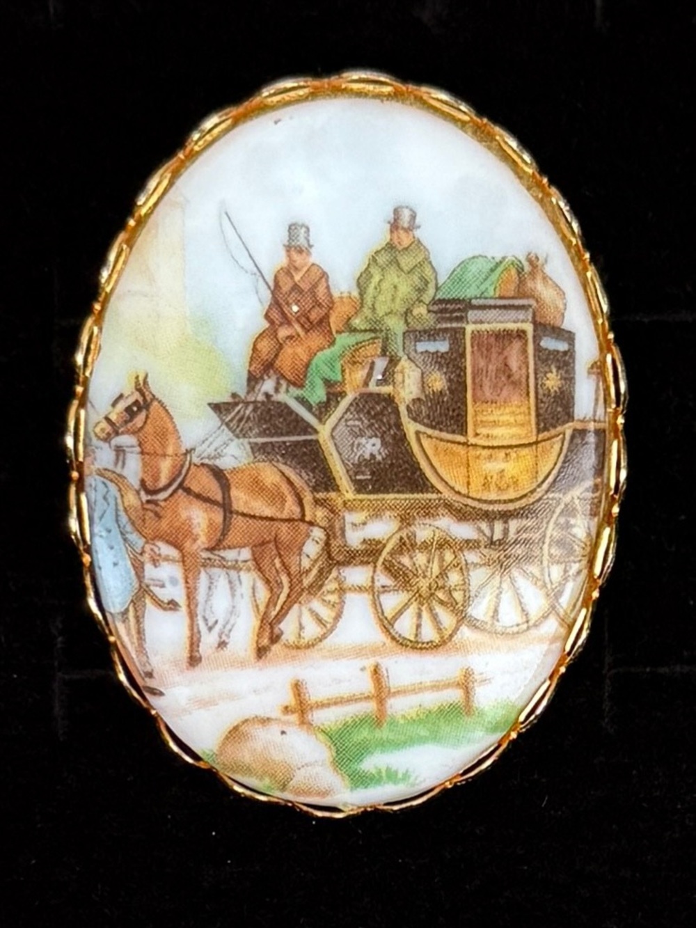 Goldtone Oval Vintage Porcelain Stagecoach Pin Brooch